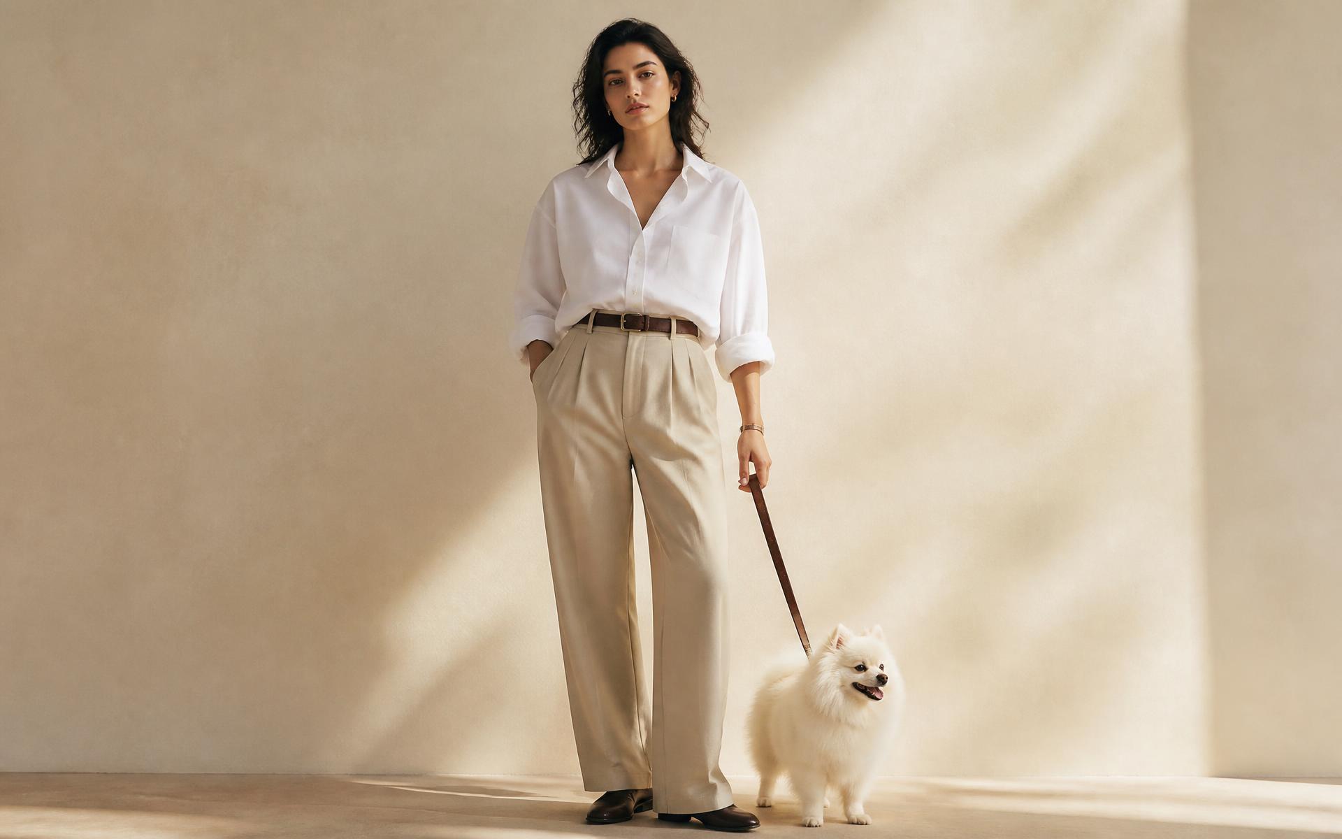 A woman in a white shirt and stone trousers with a small white dog on a slim leather lead
