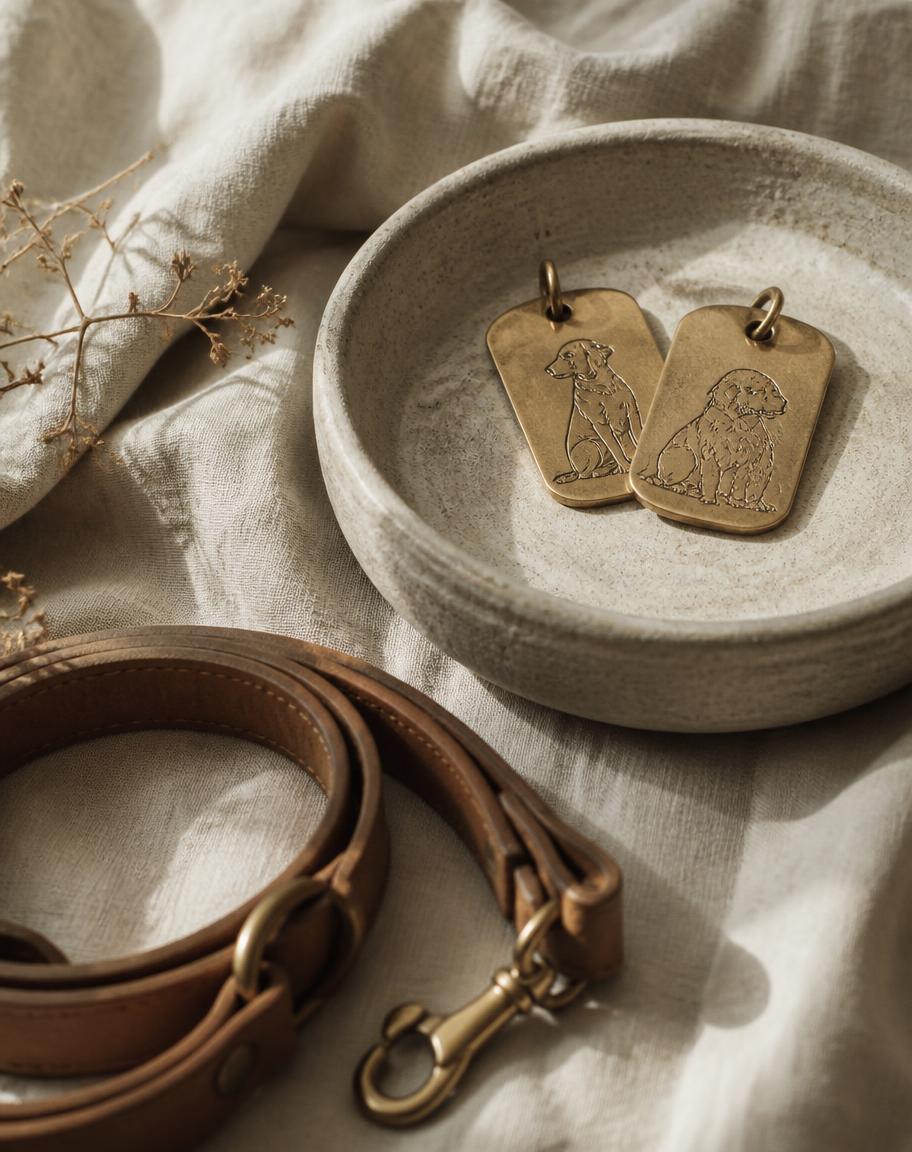 Engraved brass CHILLI tags, a stone dish and a tan leather lead on linen