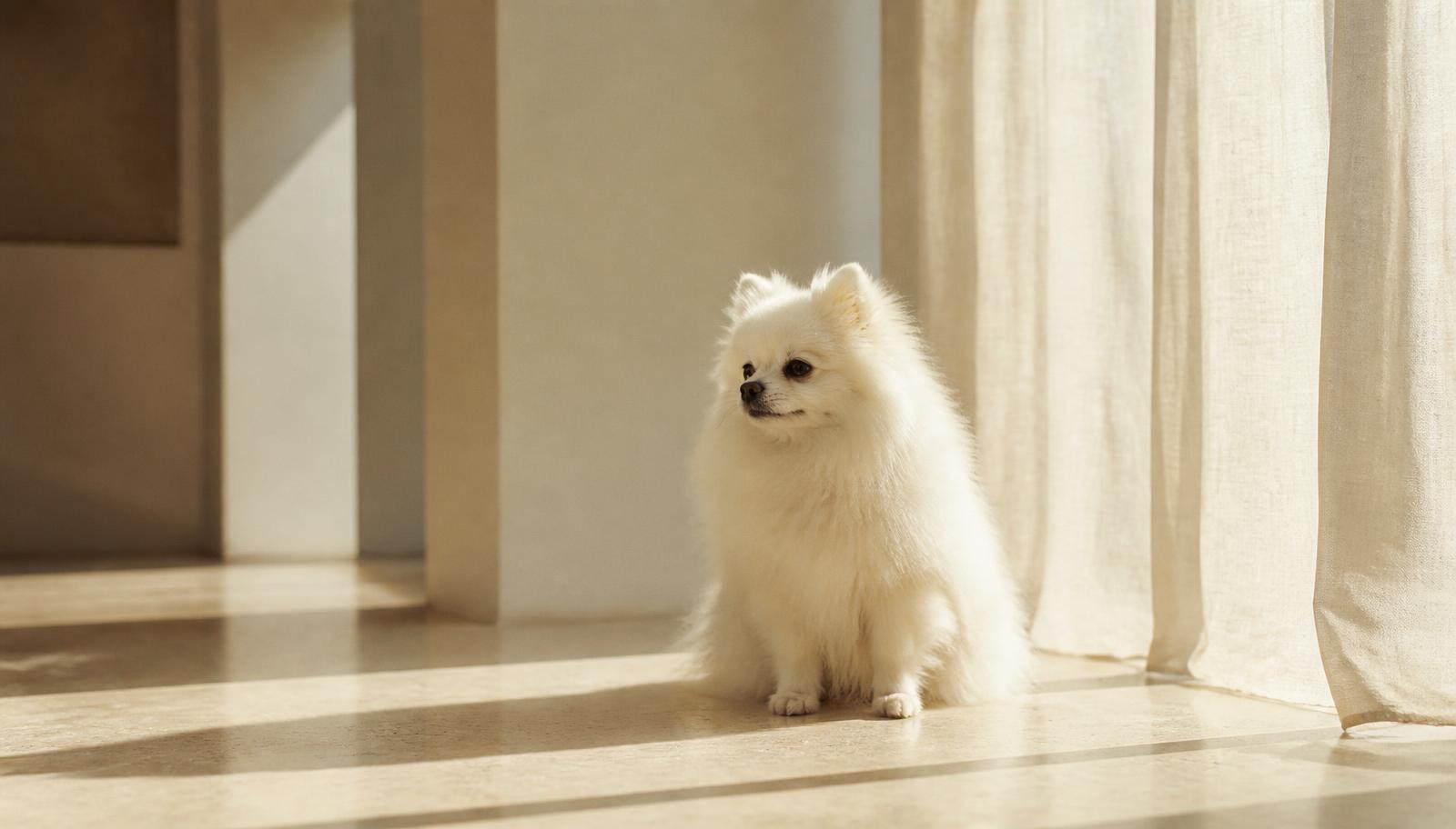 Chilli sitting in the light of a quiet ivory hallway